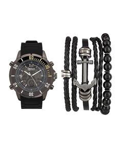 Мужские черные/серые аналоговые кварцевые часы и штабелируемый подарочный набор American Exchange