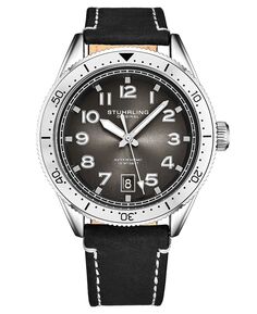 Мужские часы из натуральной кожи черного цвета с белой контрастной строчкой, 42 мм Stuhrling
