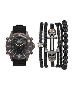 Мужские блестящие черные аналоговые кварцевые часы и штабелируемый подарочный набор American Exchange
