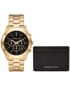 Мужские тонкие кварцевые часы с хронографом для подиума, золотистые часы из нержавеющей стали, 44 мм, и тонкий футляр для карточек Michael Kors