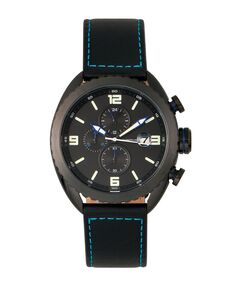 Серия M64, черный корпус, часы с хронографом, черный кожаный ремешок с синей окантовкой и датой, 48 мм Morphic