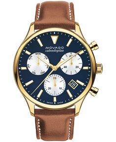 Мужские часы Heritage Calendoplan, швейцарский кварцевый хронограф, коньячный ремешок из натуральной кожи, 43 мм Movado