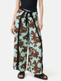 Жаккардовые брюки-палаццо Jigsaw Ikat Posy, цвет морской волны/коричневый