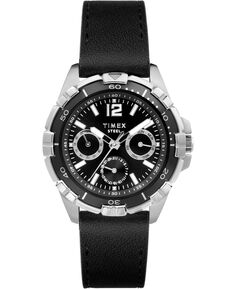 Мужские кварцевые аналоговые деловые кожаные часы премиум-класса, черные, 44 мм Timex