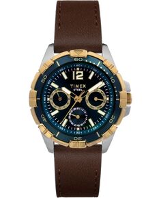 Мужские кварцевые аналоговые деловые кожаные коричневые часы премиум-класса 44 мм Timex