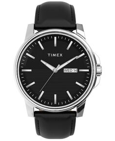 Мужские кварцевые аналоговые деловые кожаные часы премиум-класса, черные, 45 мм Timex