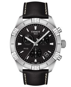 Мужские швейцарские часы с хронографом PR 100 Sport, черный кожаный ремешок, 44 мм Tissot
