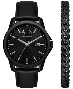 Комплект мужских черных кварцевых кожаных часов с тремя стрелками и черным браслетом из нержавеющей стали Armani Exchange