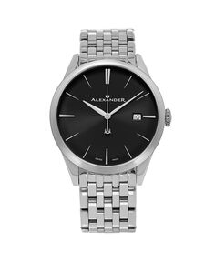 Мужские изысканные серебристые часы из нержавеющей стали, черный циферблат, круглые часы 40 мм Alexander