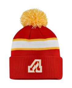 Мужская красная вязаная шапка Calgary Flames Team Classics в полоску с манжетами и помпоном adidas