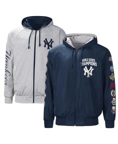 Мужская двусторонняя куртка реглан с капюшоном и молнией во всю длину, темно-синяя, серая New York Yankees Southpaw G-III Sports by Carl Banks