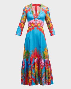 Жаккардовое платье миди в полоску с V-образным вырезом и цветочным принтом Blooming Etro