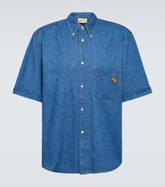 Хлопковая рубашка с вышивкой Gucci, синий