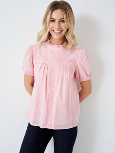 Crew Clothing Хлопковая блузка Ella с кружевной отделкой, кораллово-розовый