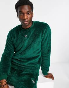 Темно-зеленый пушистый джемпер с круглым вырезом из полиэстера adidas originals Essentials+ - DGREEN