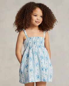 Девочки. Платье из присборенного хлопка с цветочным принтом в полоску - Маленькие девочки Ralph Lauren