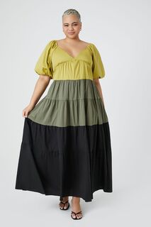 Многоуровневое платье макси с цветными блоками больших размеров Forever 21, оливковый