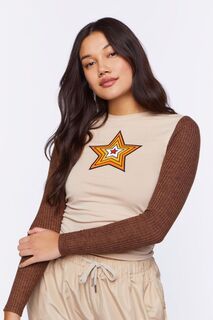 Детская футболка со звездами и контрастными рукавами Forever 21, коричневый