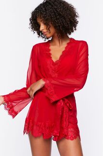 Прозрачный халат с кружевной отделкой Forever 21, красный