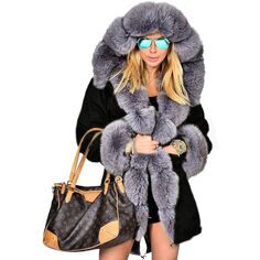 Парка Aofur Long Warm Winter Faux Fur Collar Qulited Women&apos;s, черный/серый