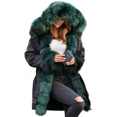Парка Aofur Long Warm Winter Faux Fur Collar Qulited Women&apos;s, черный/зеленый