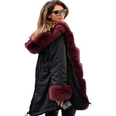 Парка Aofur Long Warm Winter Faux Fur Collar Qulited Women&apos;s, черный/бордовый