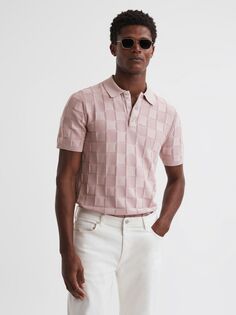 Reiss Blaze Трикотажная рубашка-поло с квадратным принтом и короткими рукавами, нежно-розовый