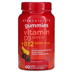 Жевательные Мармеладки Viva Naturals с витамином B12 и D3, фруктовый пунш, 60 жевательных таблеток