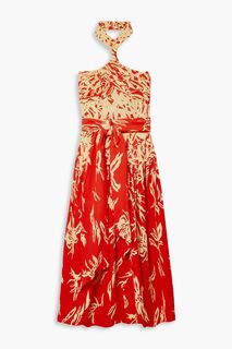 Платье миди из крепа с воротником-халтер и присборенным цветочным принтом PROENZA SCHOULER, красный