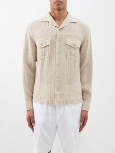 Рубашка из льна и вуали с накладными карманами 120% Lino, бежевый