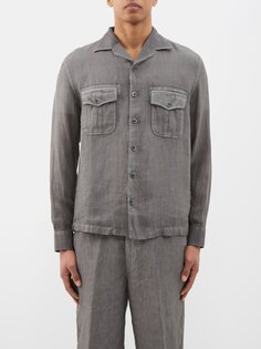 Льняная рубашка с карманами на клапанах 120% Lino, серый