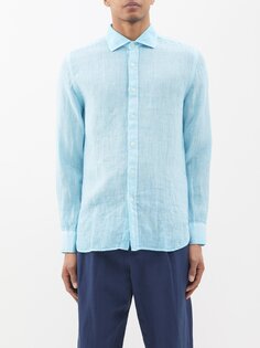 Льняная рубашка с вырезом на воротнике 120% Lino, синий