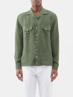 Льняная рубашка с кубинским воротником и карманами 120% Lino, зеленый