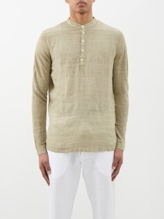 Рубашка без воротника из льняной вуали на полупуговицах 120% Lino, зеленый