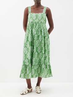 Хлопковое платье миди с квадратным вырезом и блочным принтом Juliet Dunn, зеленый