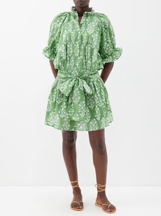 Хлопковое мини-платье с цветочным принтом и поясом Juliet Dunn, зеленый