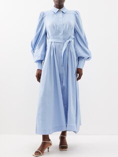Платье-рубашка bonnie из смесового льна с завязанными рукавами Aje, синий