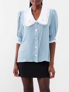 Блуза из крепа с цветочной вышивкой и оборками Alessandra Rich, синий