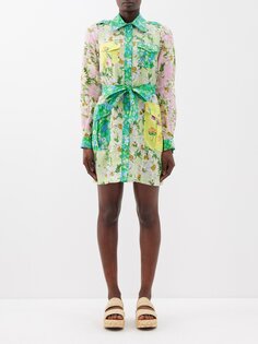 Льняное платье-рубашка kenzie мини в стиле пэчворк с цветочным принтом ALÉMAIS, зеленый AlÉmais