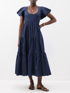 Ярусное платье миди с рифлеными рукавами La Ligne, синий