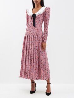 Шелковое платье миди с кружевным воротником и принтом Alessandra Rich, розовый