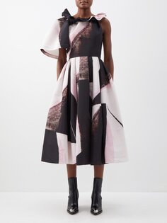 Асимметричное платье из фая с принтом «мазки» Alexander McQueen, черный
