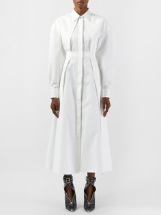 Плиссированное платье-рубашка из хлопкового поплина Alexander McQueen, белый