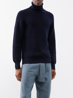 Шерстяной свитер в рубчик с высоким воротником и высоким воротником Lardini, синий