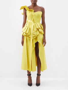 Деконструированное платье из фая с асимметричными оборками Alexander McQueen, желтый