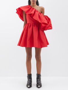 Платье мини из фая на одно плечо с оборками Alexander McQueen, красный