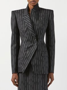Асимметричный пиджак в тонкую полоску из шерсти и твила Alexander McQueen, черный
