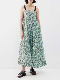 Платье миди meadow из смесового льна с цветочным принтом Lee Mathews, зеленый