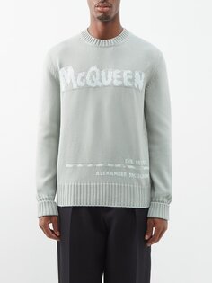 Жаккардовый хлопковый свитер с логотипом graffiti Alexander McQueen, зеленый