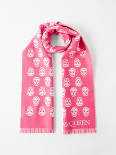 Шерстяной шарф с жаккардовой бахромой и черепом Alexander McQueen, розовый